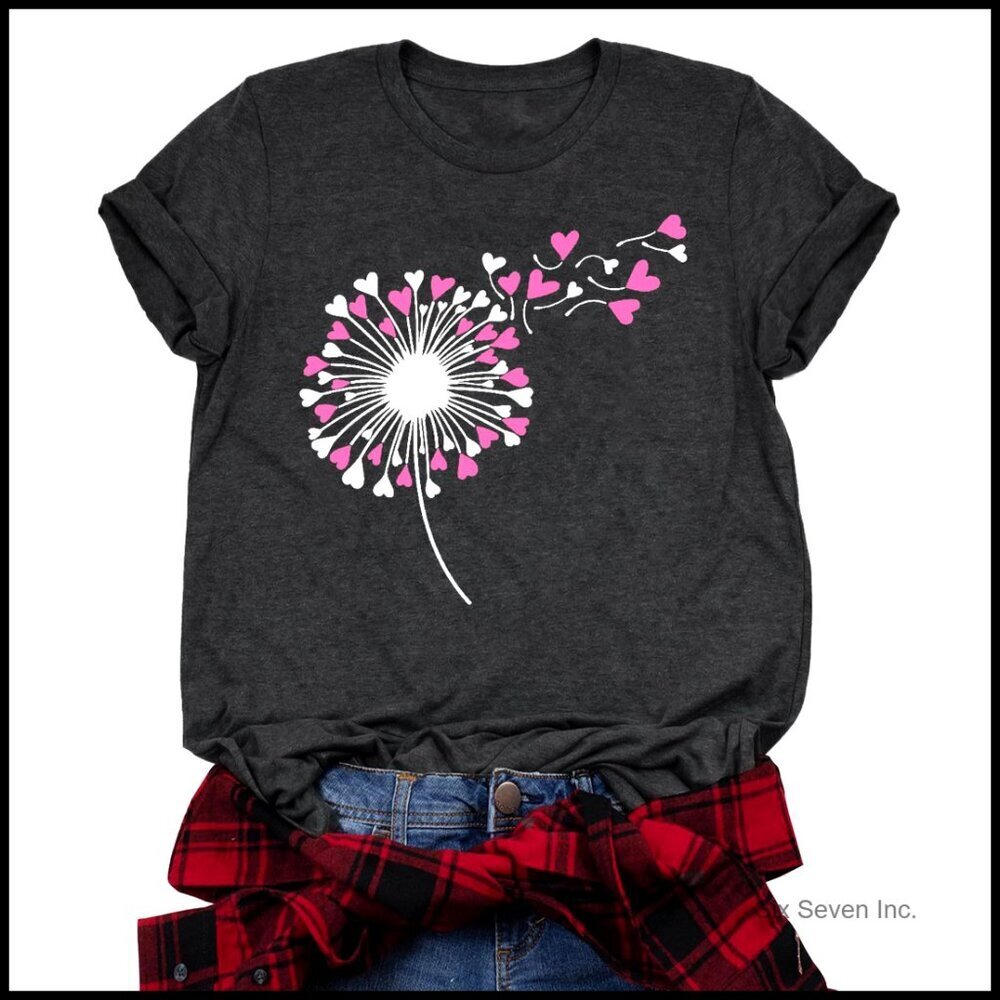 Dandelion Heart Print Tee Casual Valentine Graphic Top Women's T-Shirt